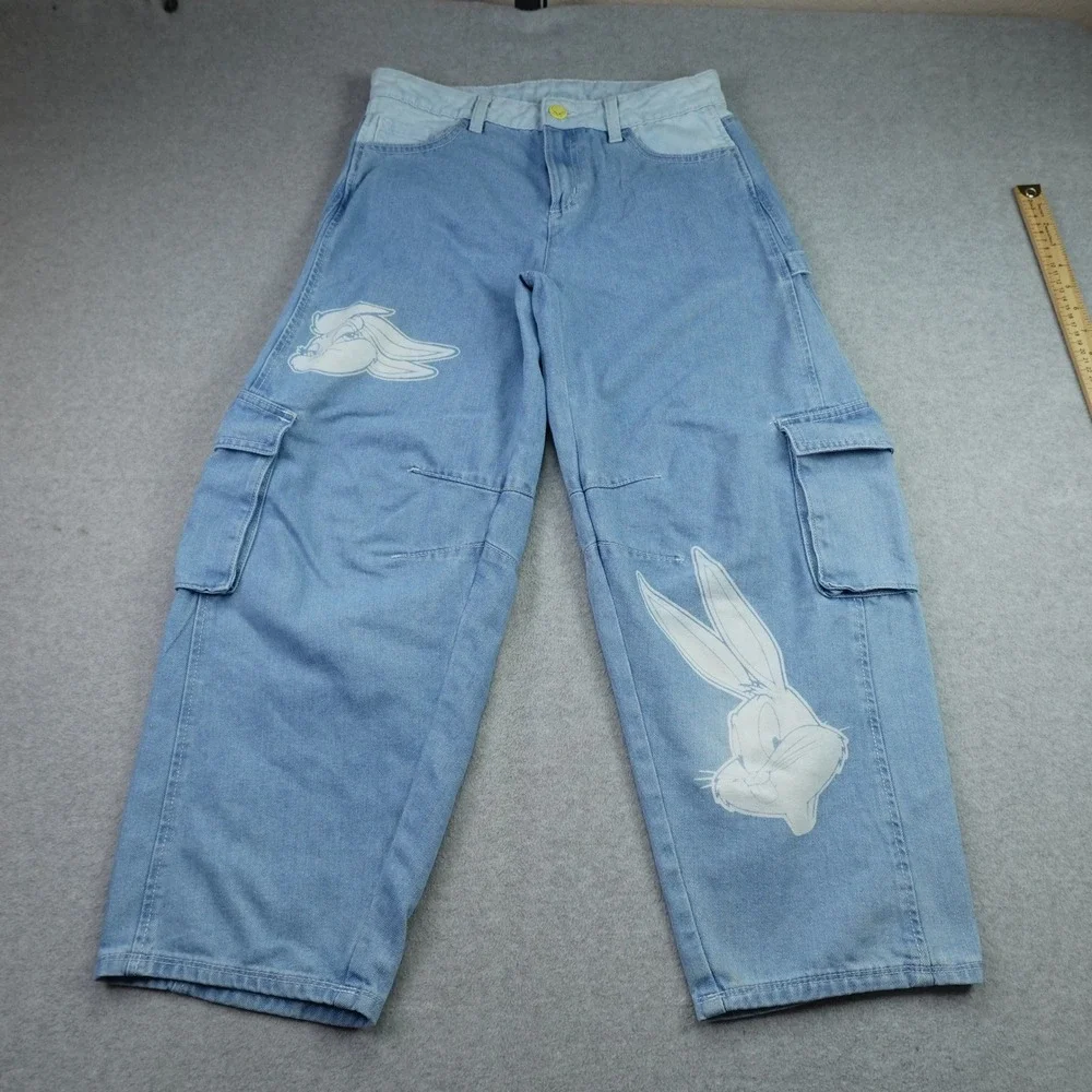 Justice x Looney Tunes Jeans Girls 18 Blue Bugs Bunny Wide Leg Cargo Carpenter
